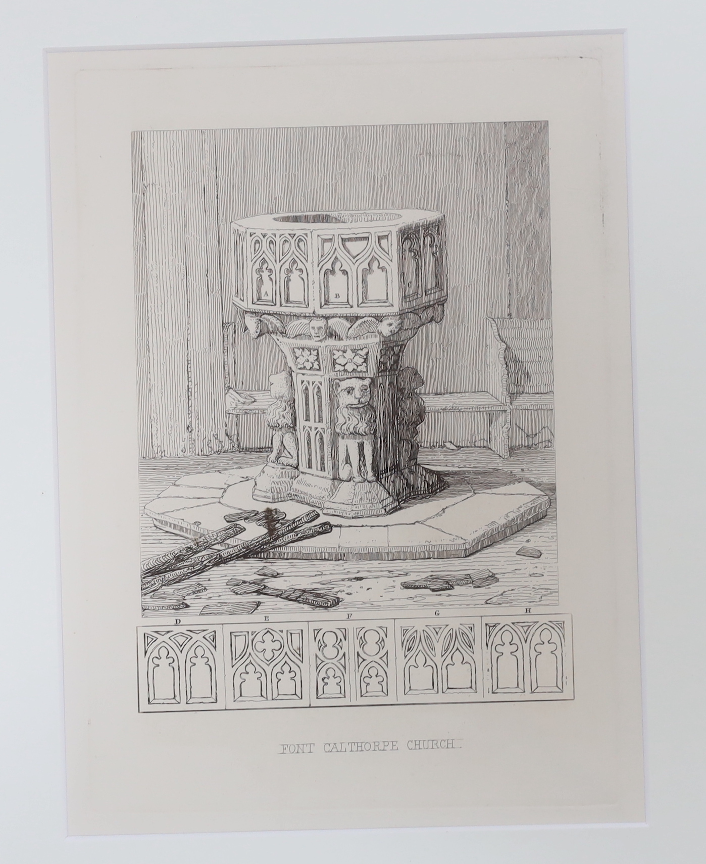 John Sell Cotman (1782-1842), six etchings including, ‘Font in Hunstanton Church’, ‘Hautbois Font Norfolk’ and ‘Font at Calthorpe’, largest 28 x 22cm